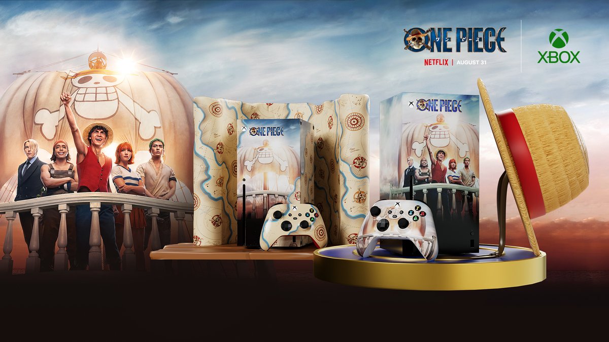 Photo of two custom One Piece Xbox Series X Consoles, Console Stand with Straw Hat attachment, and Controller featuring Luffy hat artwork.
