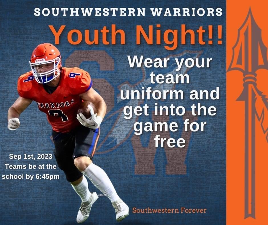 Southwestern_FB's tweet image. 🔶🔹YOUTH NIGHT🔹🔶

Wear your jersey and get in FREE!