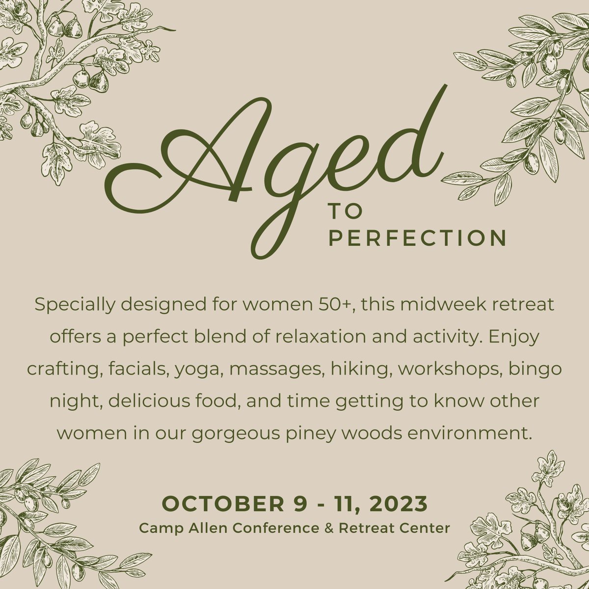 Camp Allen is thrilled to present a new retreat for women 50+, Aged To Perfection! Delicious food, massages and facials, pickleball, cooking classes, wine tasting and more!  Register online at campallen.org/registerforeve…