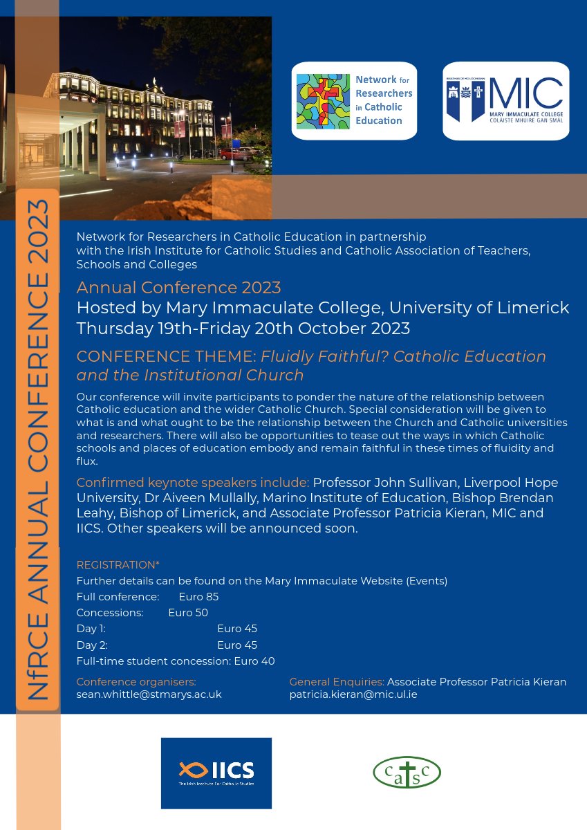 Irish Institute for Catholic Studies (@_iics_) on Twitter photo Don't forget to register for the Annual NfRCE Conference hosted by <a href="/MICLimerick/">Mary Immaculate College (MIC)</a> this October. Registration open at: mic.ul.ie/nfrce-conferen… Don't forget to register for the Annual NfRCE Conference hosted by <a href="/MICLimerick/">Mary Immaculate College (MIC)</a> this October. Registration open at: mic.ul.ie/nfrce-conferen…