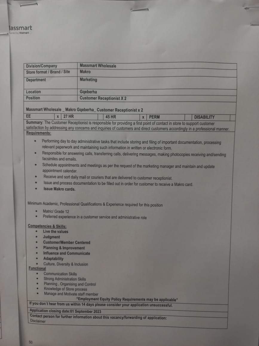 EC_Vacancies's tweet photo. Makro in Gqeberha/Port Elizabeth is hiring!!!

EMAIL: Jabulile.manual@makro.co.za

CLOSING DATE: 1 September 2023

#JobSeekersZA #JobSeekersSA #HireAGraduate https://t.co/rLPFkTznGq