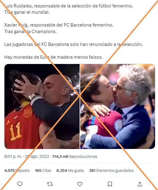 AFP Factual 🔎 (@afpfactual) on Twitter photo 🏆Miles de usuarios comparan una foto en la que un directivo del <a href="/FCBarcelona_es/">FC Barcelona</a> parece besar a <a href="/ingrid_engen/">Ingrid Syrstad Engen</a> con el beso forzado de Rubiales a Hermoso.
Pero el video original muestra que fue un choque fortuito cuando Xavier Puig felicitaba a Engen.
➡u.afp.com/EngenBeso 🏆Miles de usuarios comparan una foto en la que un directivo del <a href="/FCBarcelona_es/">FC Barcelona</a> parece besar a <a href="/ingrid_engen/">Ingrid Syrstad Engen</a> con el beso forzado de Rubiales a Hermoso.
Pero el video original muestra que fue un choque fortuito cuando Xavier Puig felicitaba a Engen.
➡u.afp.com/EngenBeso