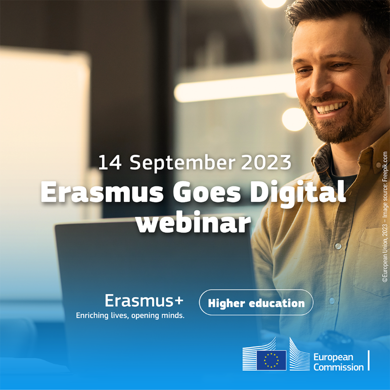 EUErasmusPlus's tweet photo. Are you responsible for digital student mobility in a university in the EU? This will be of interest to you.

The Erasmus Goes Digital webinars are back with two sessions on 14 September.

Upgrade your skills, register here.

#EuropeanStudentCard