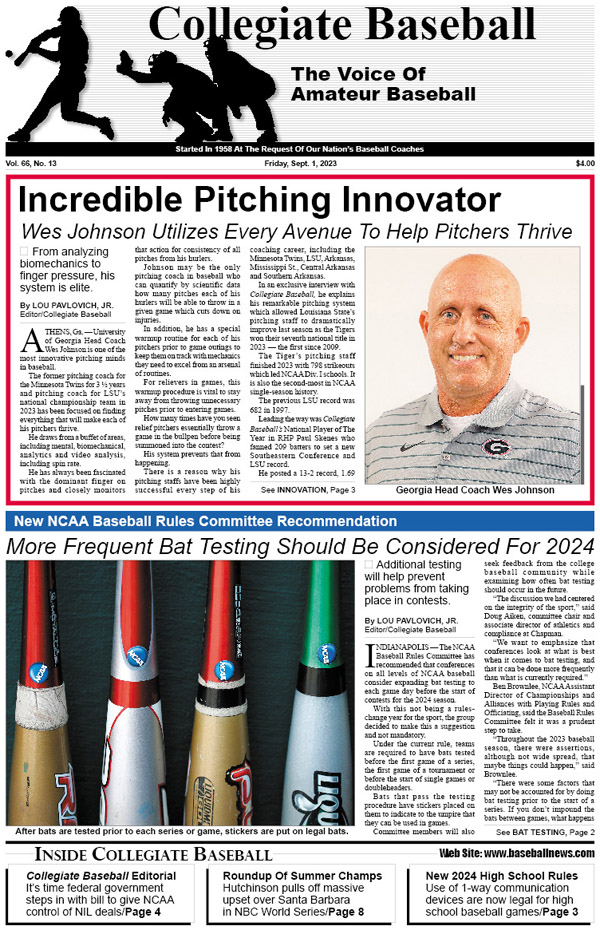 CB’s New Issue Is Out! Read about Wes Johnson’s incredible pitching system • More bat testing recommended by NCAA Baseball Rules Committee • Summer college baseball champions, All-League teams • How to hit the curve • How to regulate NIL deals. Go to: baseballnews.com/sept-1-2023-co…