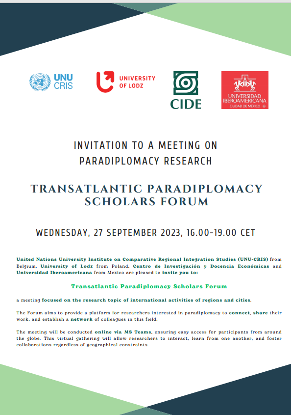 nahueloddone's tweet photo. Invitation to a meeting on #Paradiplomacy Research
"Transatlantic Paradiplomacy Scholar Forum" organized by @UNUCRIS, @CIDE_MX, @unilodz e  @IBERO_mx 

When? September 27, 2023 (4-7 PM CET)

Please indicate your interest on: https://t.co/E8gUNjhuGl

#Paradiplomacia https://t.co/lteBI5moSd