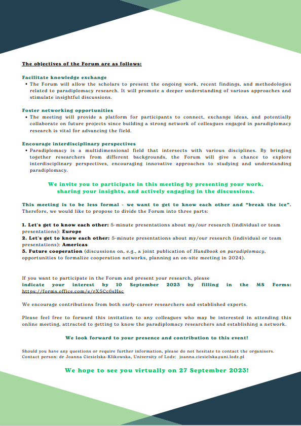 Invitation to a meeting on #Paradiplomacy Research
"Transatlantic Paradiplomacy Scholar Forum" organized by <a href="/UNUCRIS/">UN University - CRIS</a>, <a href="/CIDE_MX/">CIDE</a>, <a href="/unilodz/">Biuro Prasowe UniLodz</a> e  <a href="/IBERO_mx/">IBERO CDMX</a> 

When? September 27, 2023 (4-7 PM CET)

Please indicate your interest on: forms.office.com/e/rX5Cc6sHsc

#Paradiplomacia