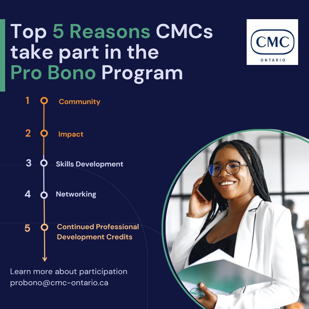 To recap, here are the Top 5 Reasons CMCs take part in the CMC Pro Bono Program…Learn more about all the amazing benefits the CMC Ontario pro Bono Program offers and how to participate.   cmc-canada.ca/Ontario/Ontari…
#managementconsulting, #community, #probono,  #CPD, #CMC