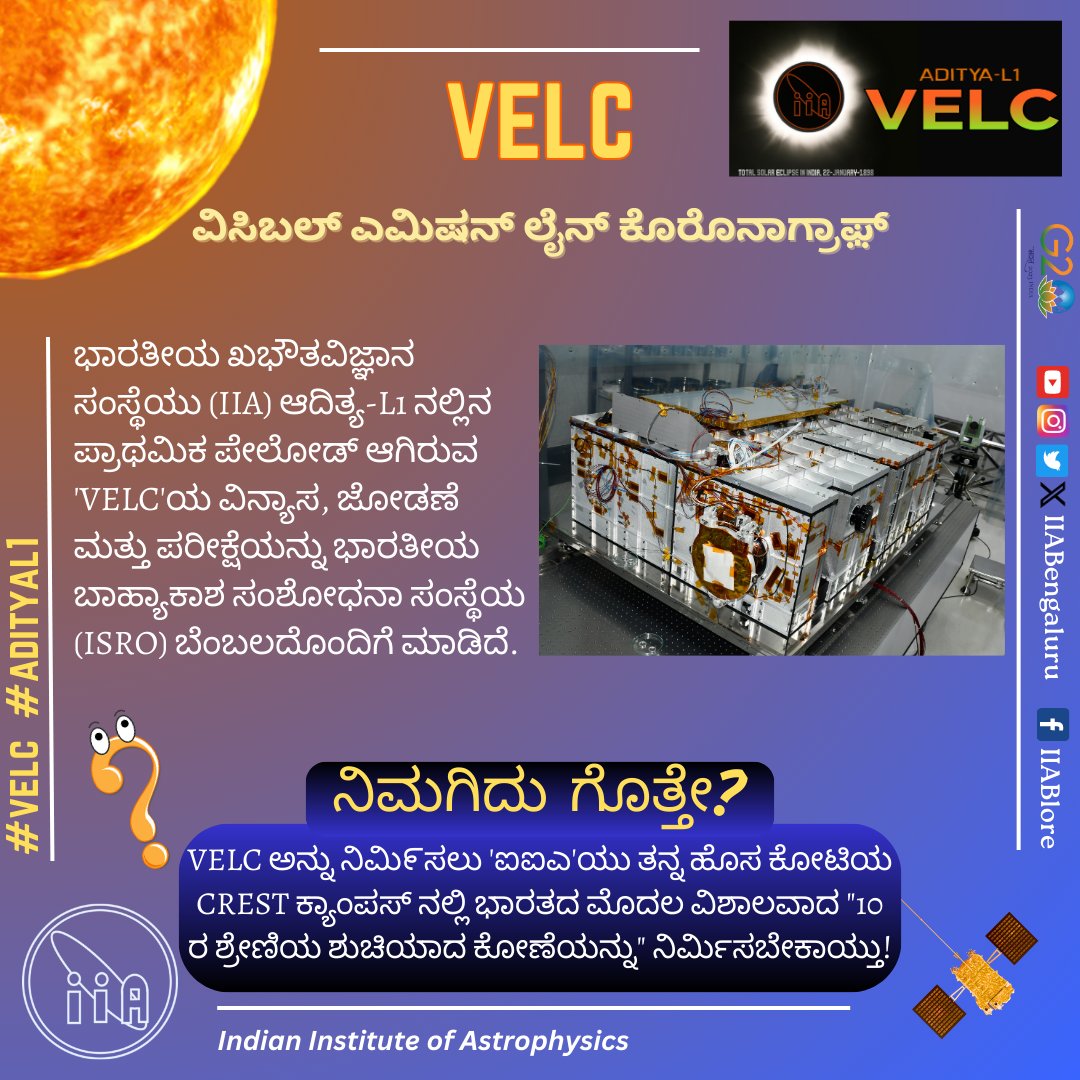 Design, assembly, & testing of 'Visible Emission Line Coronagraph' #VELC payload on #AdityaL1 was developed by IIA at our #CREST, #Hosakote campus in close collaboration with #ISRO. @asipoec @ISRO @dstindia @fiddlingstars