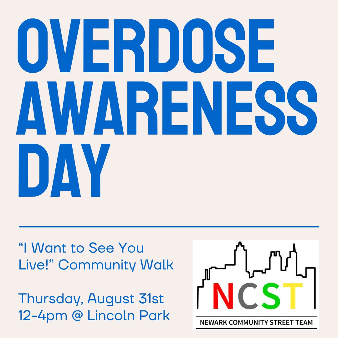 Join us on Thursday, 12pm to 4pm, for our 2nd “I Want to See You Live!” community walk. Our Overdose Response Team and more than a dozen partners will be in the Lincoln Park area to engage individuals and connect them with services. #OverdoseAwareness #decrim #newark