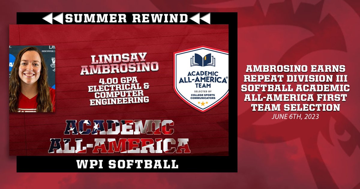 WPI Athletics (@wpiathletics) on Twitter photo ⏪SUMMER REWIND⏪
We look back to <a href="/WPISoftball/">WPI Softball</a>'s Lindsay Ambrosino back-to-back selection to the 2023 Division III Softball <a href="/AcadAllAmerica/">Academic All-America®, selected by CSC</a> First Team 😎
If you missed it, rewind at the link below! ⬇️
📰↠athletics.wpi.edu/news/2023/8/28…
🥎𝚡🐐
#GoatNation #d3sb ⏪SUMMER REWIND⏪
We look back to <a href="/WPISoftball/">WPI Softball</a>'s Lindsay Ambrosino back-to-back selection to the 2023 Division III Softball <a href="/AcadAllAmerica/">Academic All-America®, selected by CSC</a> First Team 😎
If you missed it, rewind at the link below! ⬇️
📰↠athletics.wpi.edu/news/2023/8/28…
🥎𝚡🐐
#GoatNation #d3sb