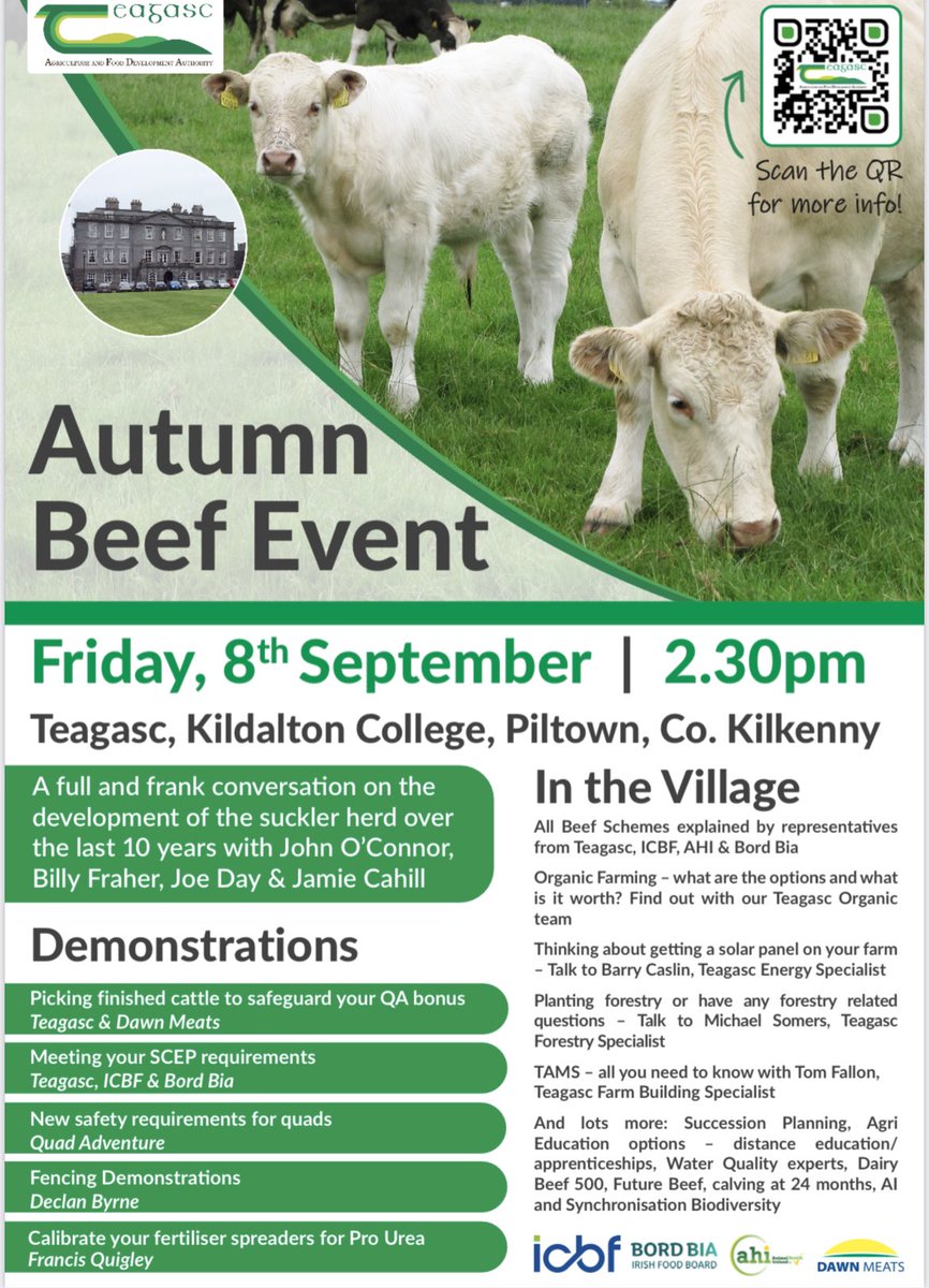 TeagascBeef's tweet photo. Fantastic event planned for Kildalton college celebrating the excellent performance of the suckler herd. Talk to John O Connor, Billy Fraher, Jamie Cahill, Joe Day and Declan Byrne on how they have developed the herd and farm to make >€1,500 gross margin. https://t.co/QrKAz96NYD