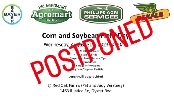 Due to the forecasted weather conditions, we will unfortunately be postponing our 2023 Corn and Soybean Field Day. We will be rescheduling within the next couple of weeks. Please stay tuned for more information.  We apologize for any inconvenience.