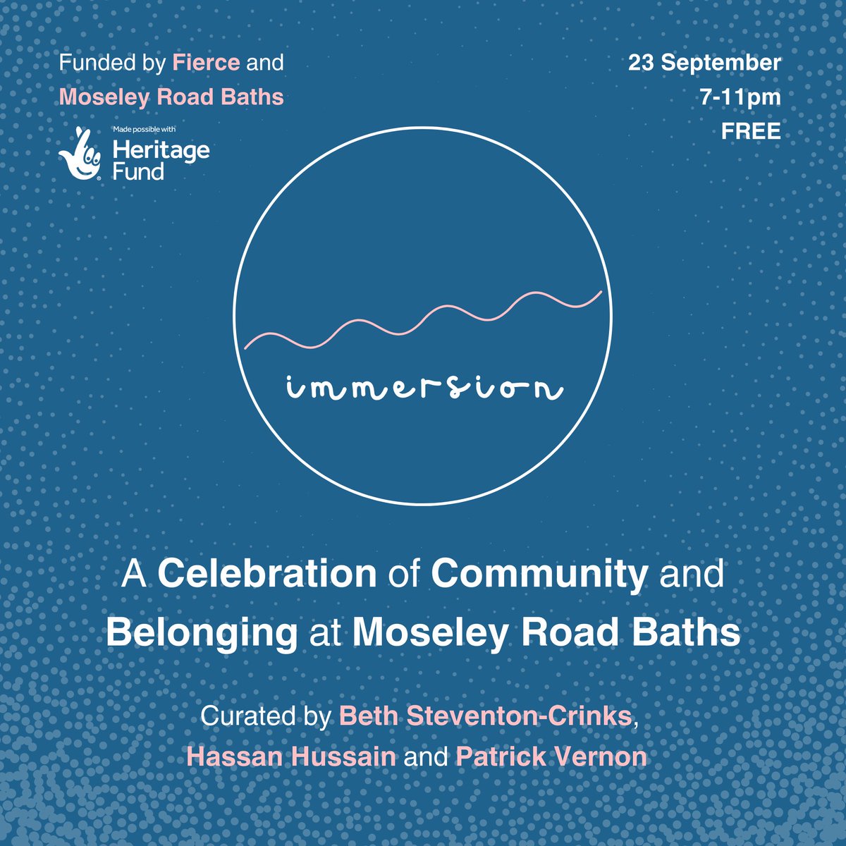 Introducing… immersion: a celebration of community and belonging at Moseley Road Baths 

A brand new event by members of the brilliant #HealingGardensofBab Steering Group @SteventonCrinks, @HassanHussain_  & @paddyjvernon.

23 Sept, 7pm, FREE.

Tickets: eventbrite.com/e/immersion-a-…