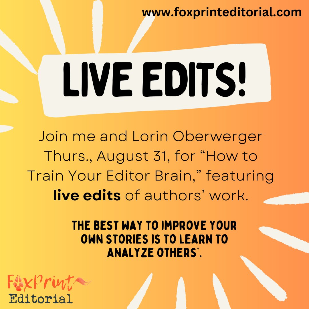 Join me & @LorinOberwerger this THURS, Aug 31, to learn and get hands-on practice in 'How to Train Your Editor Brain'--the greatest skill a writer can develop. Live edits show craft elements at work that you miss in your own writing. $39 with playback. free-expressions.com/registration/s…