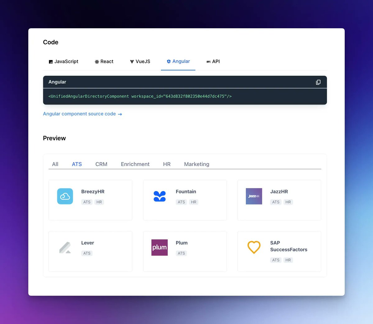 unified_api's tweet image. Ready to launch your integrations? Make your front-end one less thing to think about. 

Paste just one line of code to embed our integrations directory into your product with our Javascript, React, Vue, or Angular components.

Get started: buff.ly/3L33P4N

#UnifiedAPI