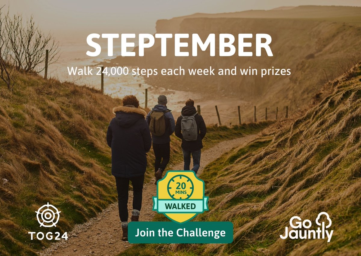gojauntly's tweet image. 'Ey Up 👋 Welcome to our very first #Steptember challenge with our pals @TOG24Official 👣 Walk 24k steps each week, that’s around 4k steps a day!  walks.gojauntly.com/challenges/ste…
