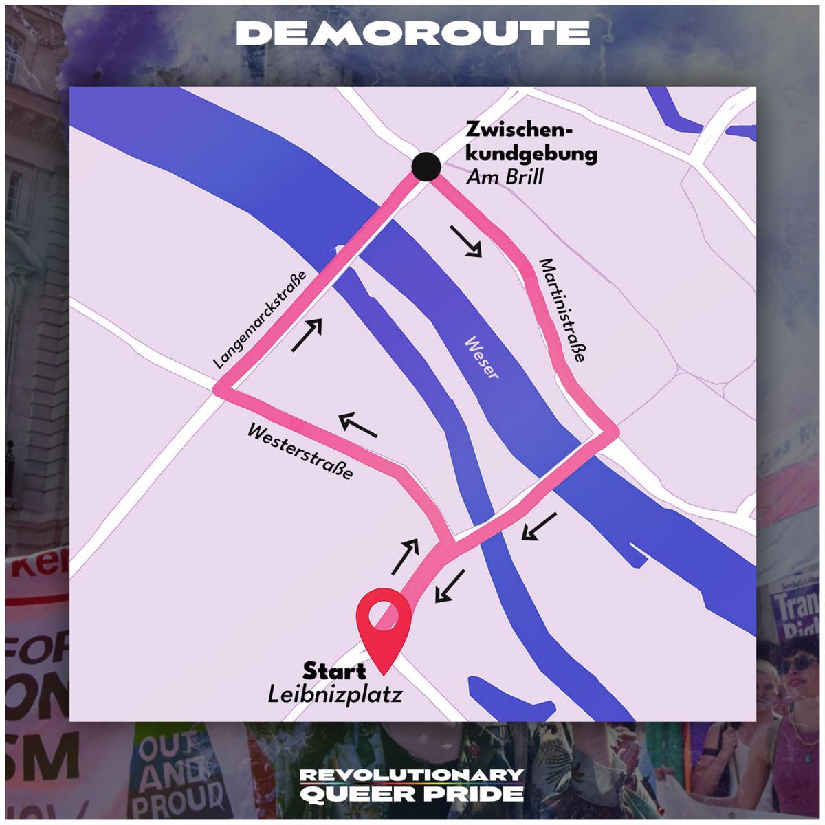 Demoroute am Samstag

2. SEPTEMBER / 15 UHR / LEIBNIZPLATZ

Leibnizplatz (Start, Kundgebung) -> hoch Richtung Wilhelm-Kaisen-Brücke -> Westerstraße -> Langemarckstraße -> Am Brill (Zwischenkundgebung) -> Martinistraße -> Wilhelm-Kaisen-Brücke -> Leibnizplatz (Endkundgebung)