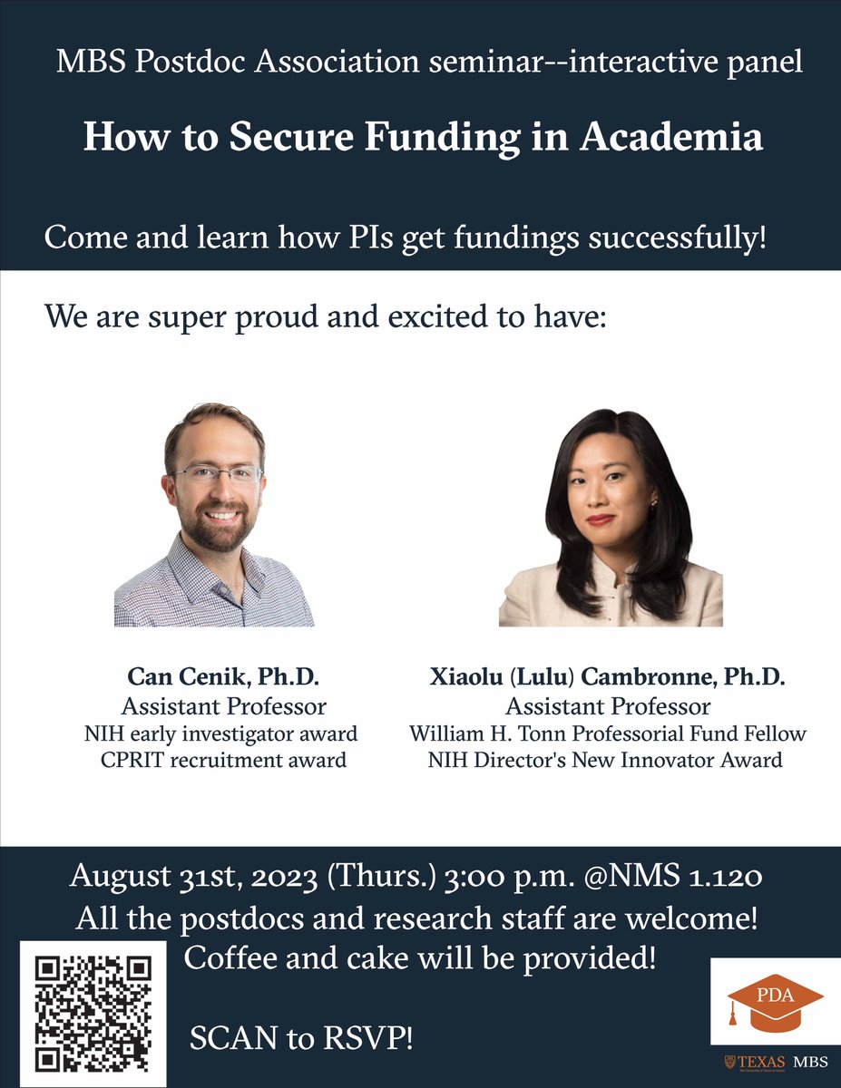 UT_MBS_PDA's tweet photo. We are hosting a panel discussion on How to Secure Funding in Academia. This event will be on Thursday, August 31st, from 3:00-4:00  in NMS 1.120.

You will be able to hear from MBS faculty members @CenikLab  and @LACambronne ! https://t.co/N2OgCvvJgY