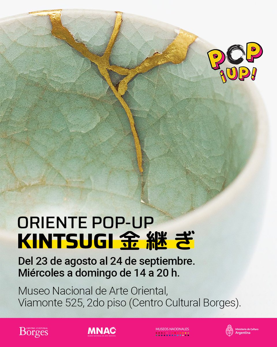 Activación de la exhibición principal del Museo Nacional de Arte Oriental, Oriente todo, a partir de la técnica de kintsugi, reparación con oro.
📅¿Cuándo?
Del 23 de agosto al 24 de septiembre. Miércoles a domingo de 14 a 20 h.
📍¿Dónde?
Viamonte 525, 2do piso