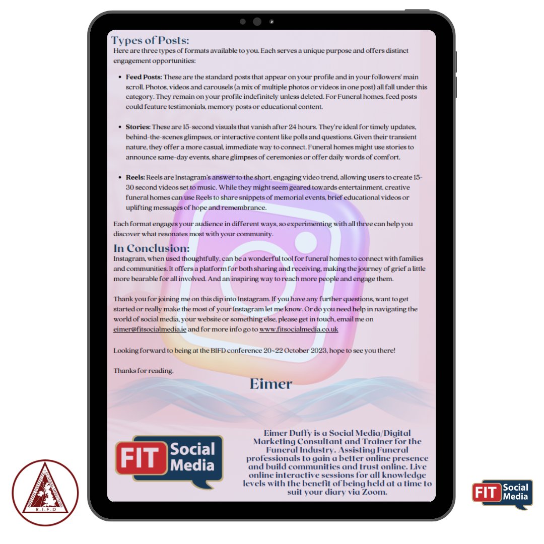 One platform that's expanded its popularity &amp; features is Instagram 📲

Latest edition of <a href="/The_BIFD/">British Institute of Funeral Directors</a>'s Journal (Issue 8, see pages 29 to 31) I touch on Instagram, benefits, post types &amp; content tips to get moving with: bit.ly/BIFD_Issue8 📖

#BIFD #Instagram #FITsocialmedia