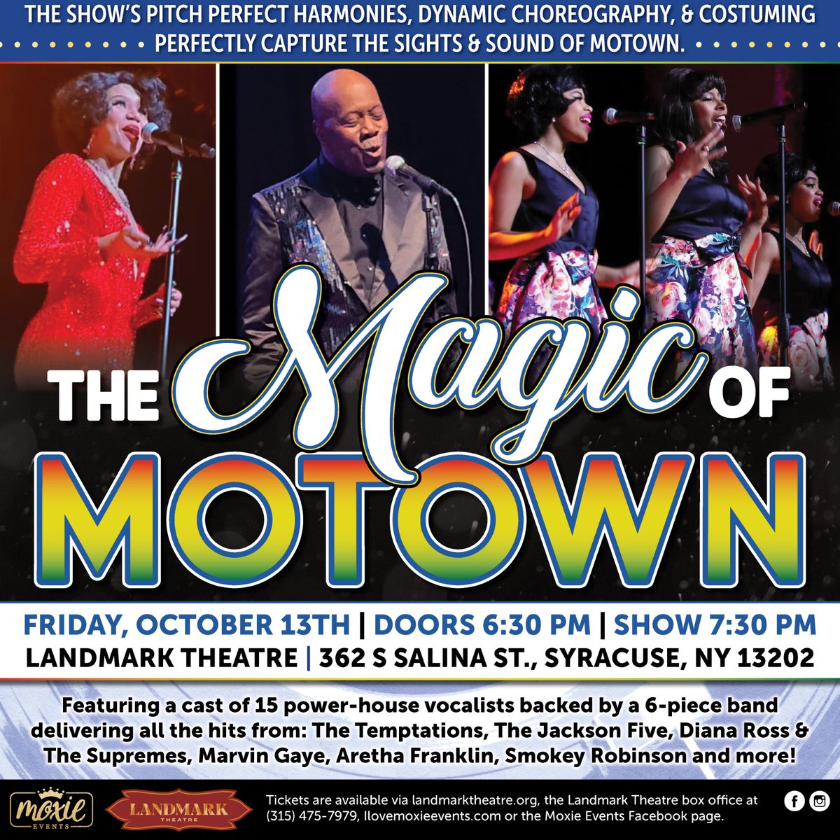 The Magic of Motown Tribute Concert is coming to the Landmark Theatre on Friday, October 13 at 7:30 P.M.

Tickets are on sale now, stop by the Landmark Theatre Box Office or visit the link below to purchase tickets, ticketmaster.com/event/00005F1D…