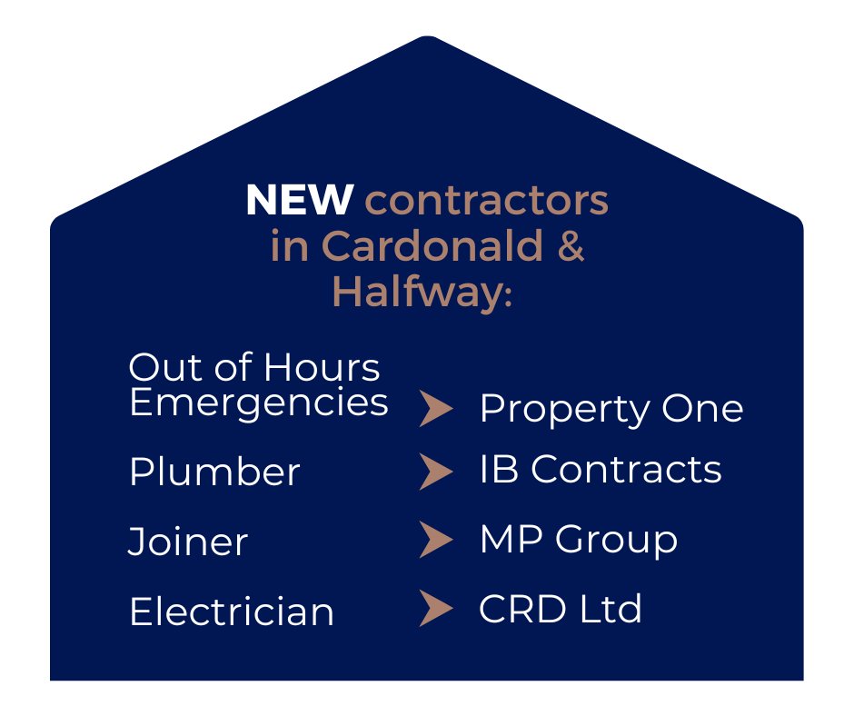 ⚙️NEW Repairs Contractors⚙️

On 1st September we are using new contractors for reactive and out of hours repairs. We are no longer using City Building for repairs.

From 1st September - Got an emergency? Call us 24 hours a day on 0141 422 1112.