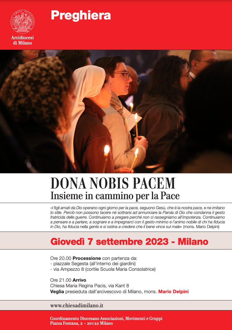 centriculturali's tweet photo. 🔴 𝐃𝐎𝐍𝐀 𝐍𝐎𝐁𝐈𝐒 𝐏𝐀𝐂𝐄𝐌
🫂 𝑰𝒏 𝒄𝒂𝒎𝒎𝒊𝒏𝒐 𝒑𝒆𝒓 𝒍𝒂 #pace
👉 #7settembre 2023 | #Milano
🙏 𝑽𝑬𝑮𝑳𝑰𝑨 presieduta dall'Arciv. 𝑴𝑨𝑹𝑰𝑶 𝑫𝑬𝑳𝑷𝑰𝑵𝐈
➡️ Info 👇
https://t.co/OYmzTUb6f4
@chiesadimilano @ComuneMI #pellegrinaggio #veglia #insiemeperlapace https://t.co/z2kdB4itrY