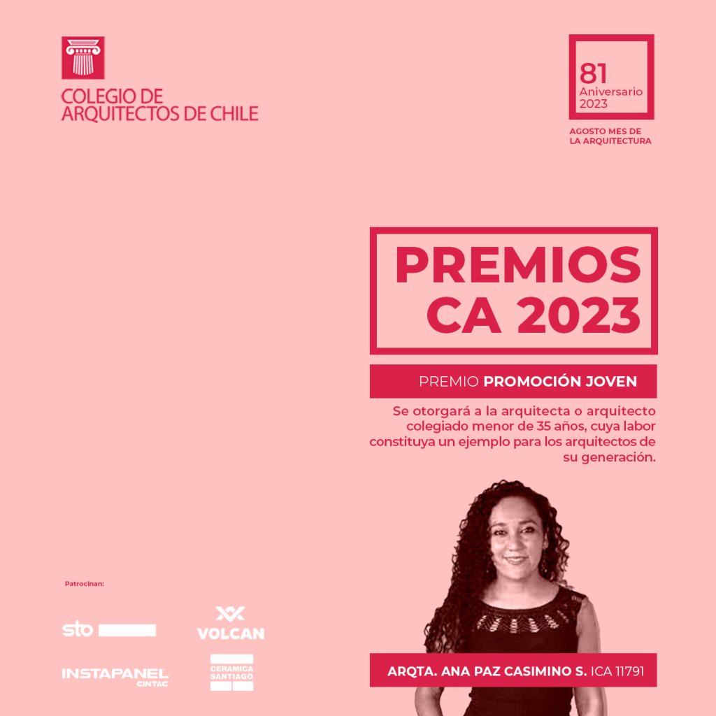 👏 Felicitamos a las Arquitectas FAU Natalia Jorquera y <a href="/AnaPazCasimino/">Ana Paz Casimino Salinas</a> por ser las flamantes ganadoras en los #PremiosCA2023 de <a href="/colegioarq/">Colegio de Arquitectos de Chile</a>  en las categorías “Premio Manuel Moreno Guerrero” y “Premio Promoción Joven”, respectivamente 👏