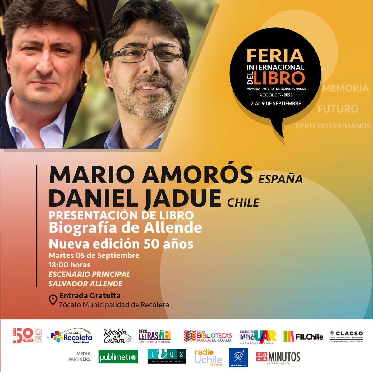 ¡YA TENEMOS INVITADOS CONFIRMADOS!

Estos son algunos de los grandes exponentes que nos acompañarán a lo largo de la Feria Internacional del Libro: Memoria, Futuro y Derechos Humanos ✨

🗓️ Desde el 02 hasta el 09 de septiembre de 2023.
📍 Zócalo de la Municipalidad de Recoleta