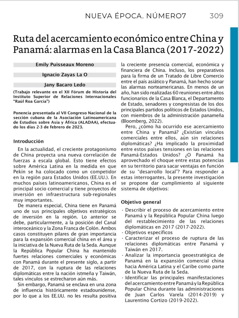 📕Cuadernos de Nuestra América | N°07/2023
📝"Ruta del acercamiento económico entre China y Panamá: alarmas en la Casa Blanca (2017-2022)"
✍️<a href="/emicuba_/">ᴇᴍɪ ᴍᴏʀᴇɴᴏ</a>, <a href="/Nacho_David_ZL/">Ignacio David Zayas La O🇨🇺</a> y <a href="/BacaroJany/">Jany Bacaro</a>, estudiantes <a href="/ISRICuba/">Universidad de Relaciones Internacionales. Cuba</a>
*Ponencia en el VII Congreso Nacional de ALADAA🇨🇺 
cna.cipi.cu/cna/article/vi…