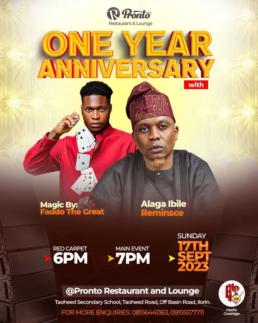 InsideIlorin_NG's tweet photo. Get ready for a night of unforgettable music and exquisite dining as we celebrate our restaurant and lounge brand with the one and only @IamReminisce! πΆπ½οΈ
Join us for a night of rhythm, flavor, and style. Let's make memories together!" ππ·
#Prontoat1 https://t.co/nDI0H26Z1t