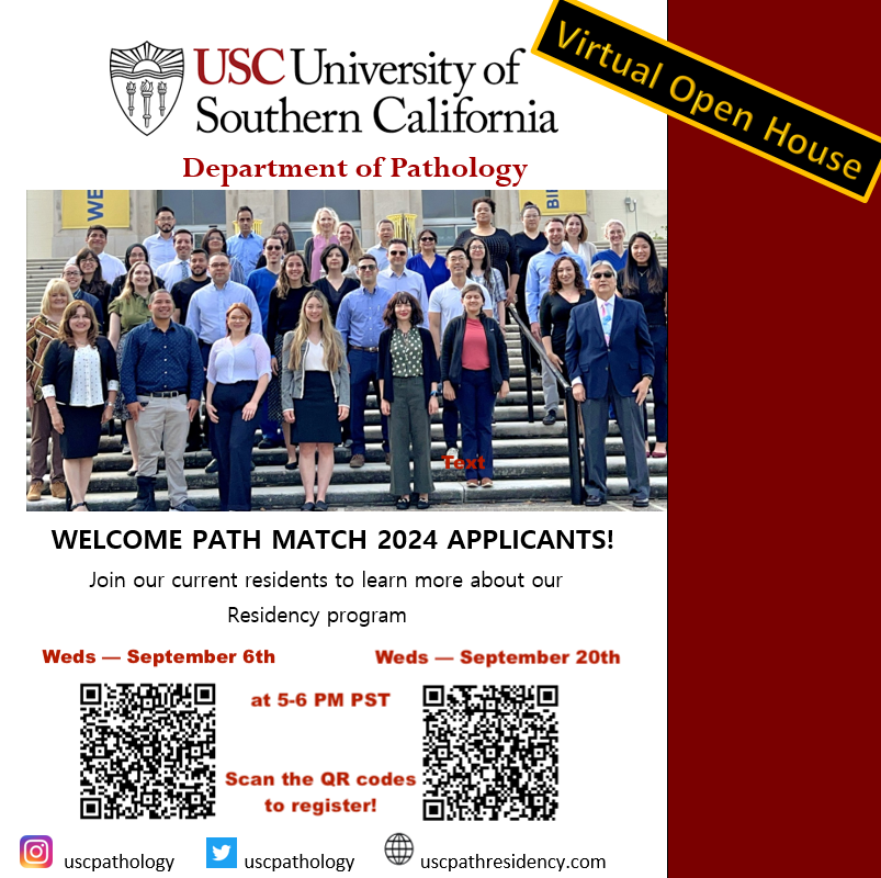 USCPathology's tweet photo. Attention #PathMatch24 applicants! 

Join us on 9/6 or 9/20 from 5-6 PST on Zoom to learn  about our program! Scan the QR code for your preferred date to register.

We hope to see you there!

@bugpod @Path_SIG https://t.co/W8HNlE6FYX