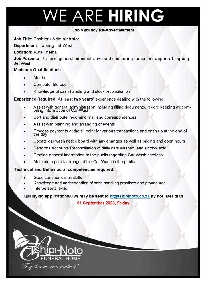 CarolBoitumelo1's tweet photo. 𝐖𝐄 𝐀𝐑𝐄 𝐇𝐈𝐑𝐈𝐍𝐆!!!

1. Administrator 
2. Cashier / Administrator 

Qualifying applications/CVs may be emailed to hr@tshipinoto.co.za by not later than 01 September 2023, Friday. https://t.co/DoFX2shzEe