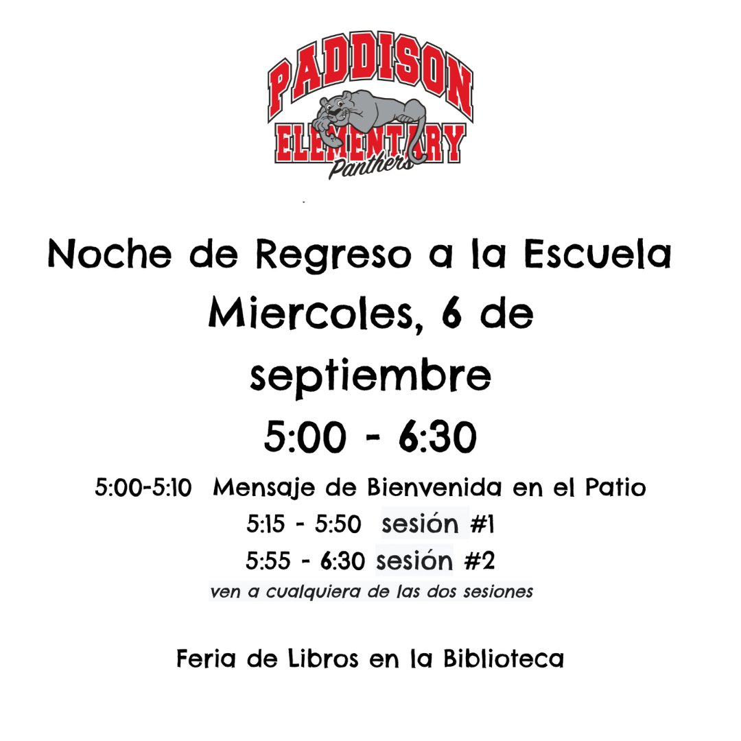 Paddison_ES's tweet photo. Paddison Panthers, únete a nosotros el 6 de septiembre en la Noche de Regreso a Clases y sumérgete en el mundo del aprendizaje y la diversión. 🤗 No pierdas la oportunidad de explorar también la Feria del Libro: ¡la aventura te espera en cada página!

#PaddisonES https://t.co/mbw8wiG8dq