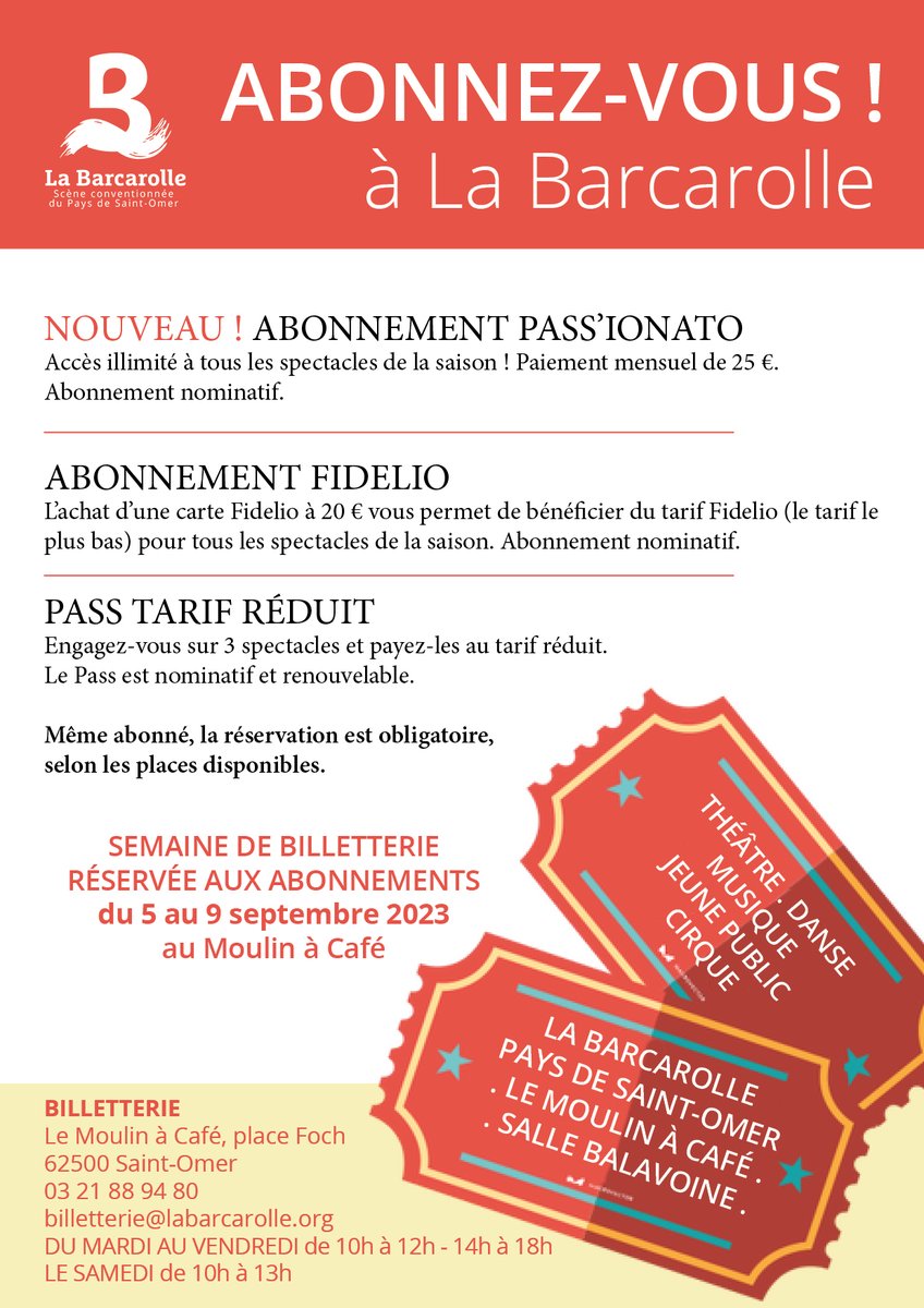 [ Saison 2023/2024 : Billetterie &amp; Abonnements ]

💻 Dès le 5 septembre 2023, la saison 2023/2024 sera en ligne 
🎫 Profitez des avantages de nos abonnements ! Du 5 au 9 septembre : billetterie réservée aux abonnements.

Rendez-vous sur labarcarolle.org