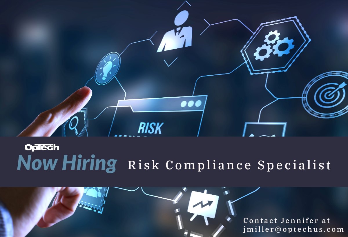 OpTechUS's tweet photo. Now hiring - Risk Compliance Specialist out of the Detroit area. Hybrid position. Contact Jennifer at jmiller@optechus.com. Apply today! #riskcompliance #risk #compliance #jobalert #jobhunt #careersearch #hybridjobs https://t.co/mAYC2psnle