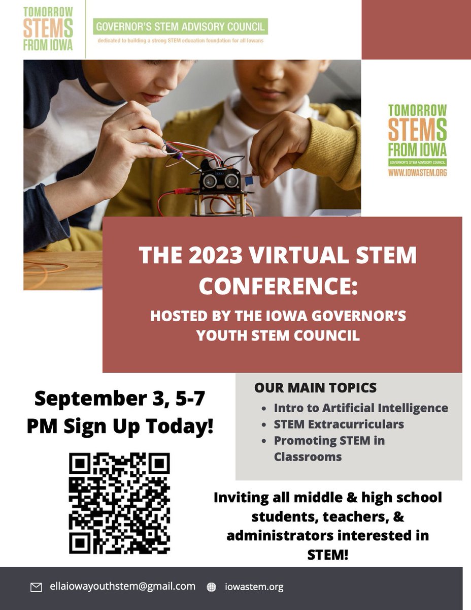 STEM Virtual Conference happening this weekend. Open to middle school and high school students, teachers, and administrators. Use the QR code to register. #stembest #IowaSTEM