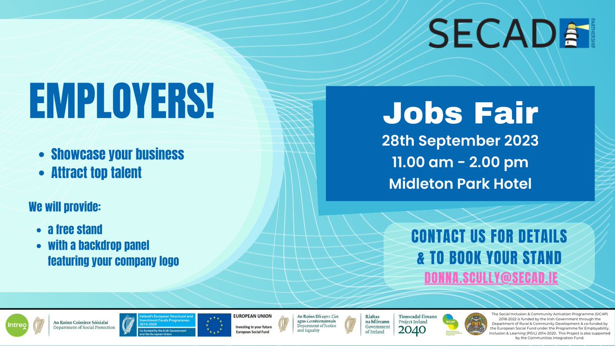 Free Stand for Employers at SECAD Jobs Fair in the Midleton Park Hotel on 28th September For details about the event and how to book your stand, go to: tinyurl.com/2rv9stvr