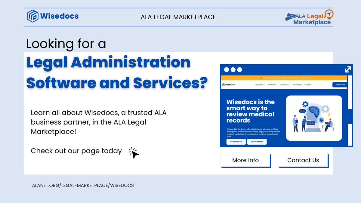 Looking for Legal Administration Solutions? 🔎  Explore Wisedocs on @ALABuzz Legal Marketplace! ⚖ 💼 Discover the power of Wisedocs, a trusted ALA business partner, for top-tier Legal Administration Software and Services! 🚀🔗
alanet.org/legal-marketpl…

#LegalAdministration