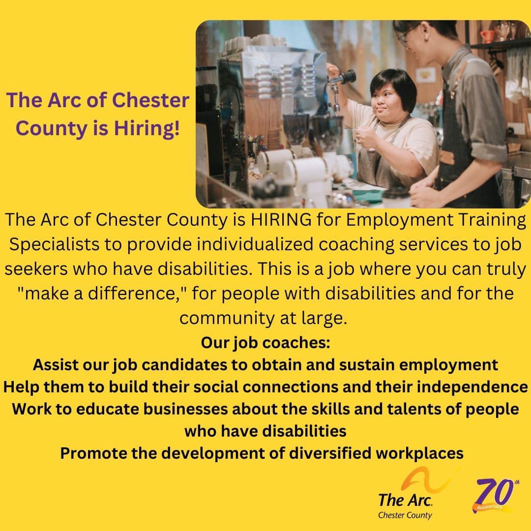 The Arc of Chester County is Hiring!! 

arcofchestercounty.org/job-openings/