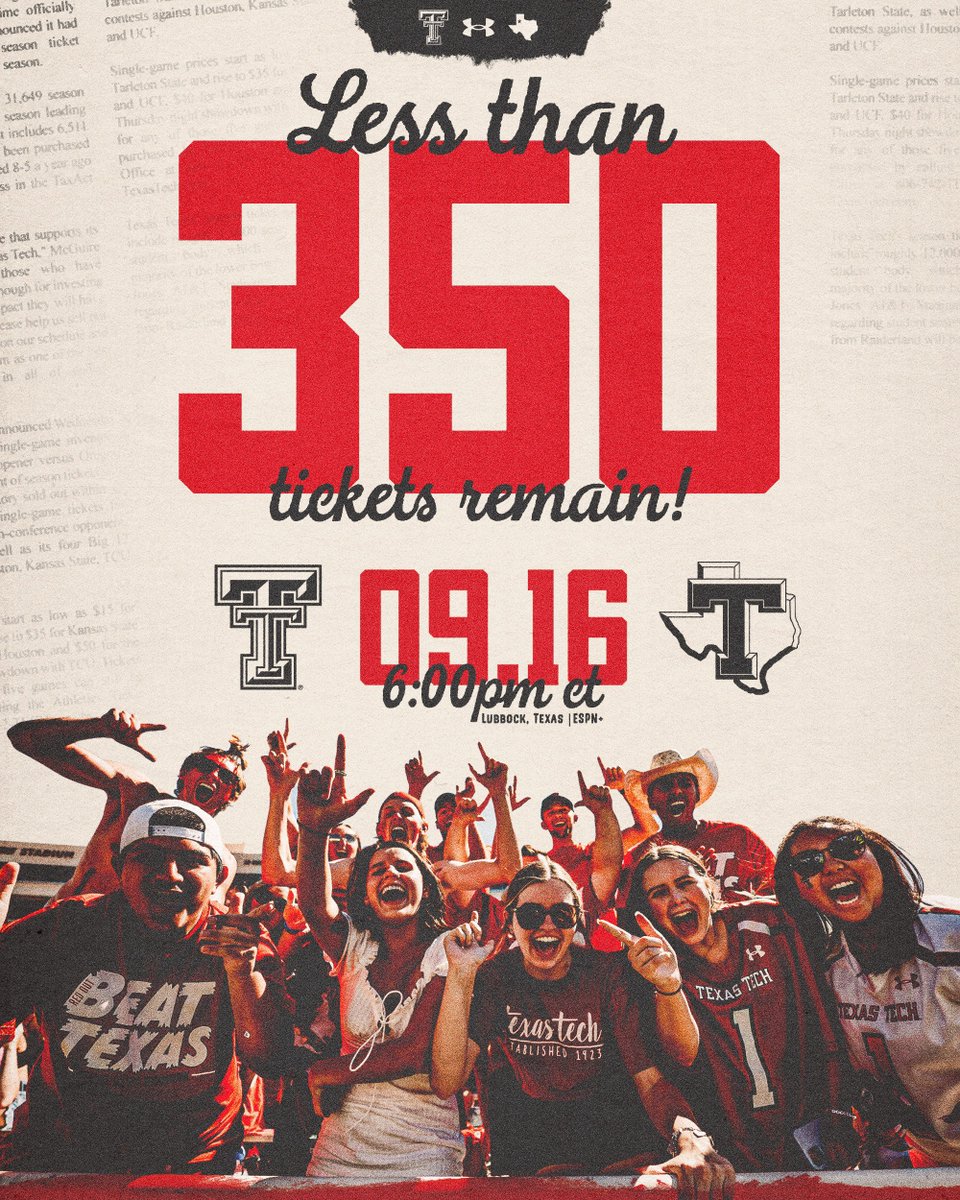 TexasTechFB's tweet photo. 🚨 9.16 UPDATE 🚨

Let’s get it done, Red Raiders! 

🎟️: https://t.co/VF3ueJyeGo | #WreckEm https://t.co/rmmywUn7Qw