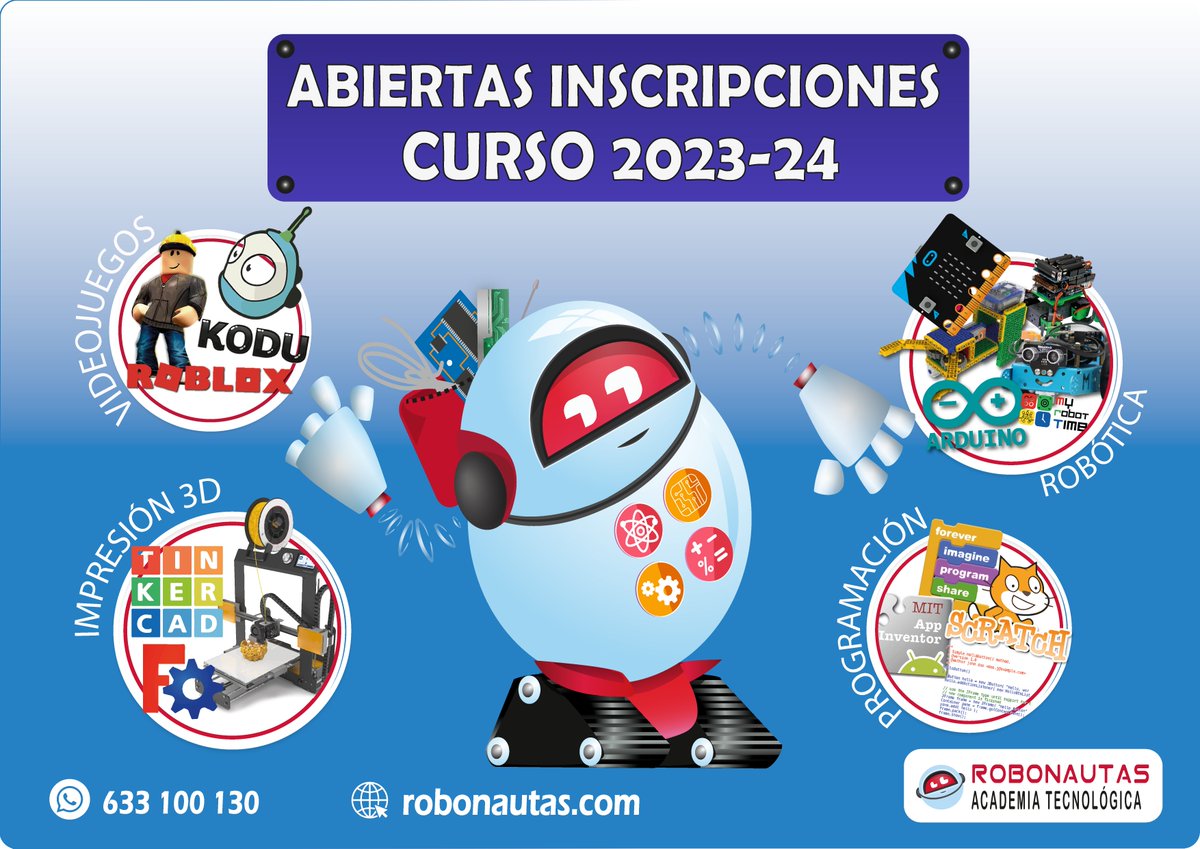 Abierto plazo de inscripción 2023-24
Inicio: 18 de septiembre
Edades: A partir de 5 años
Plazas limitadas 
Matriculación: robonautas.com 
#extraescolares #robótica #videojuegos #programación #impresion3d #informatica #ciberseguridad #manualidades #diy #electronica