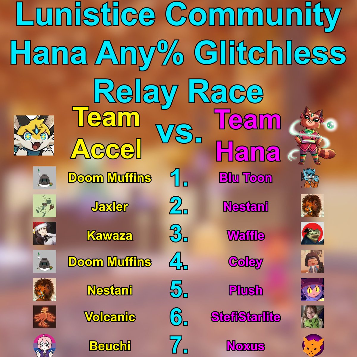 NestaniSR's tweet photo. I'm hosting a Hana Any% Glitchless Relay Race featuring your favorite Lunistice speedrunners! 

My channel, THIS SATURDAY at 12:00pm EST! https://t.co/3jrcJK2VgE