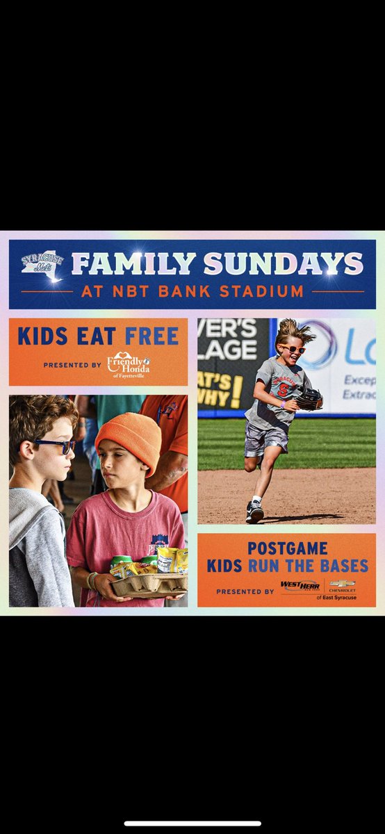 September 10is our next Kids Eat Free Family Sunday, presented by @FriendlyHonda! Kids 12 & under receive a voucher for chips, a beverage, a hot dog, & ice cream! After the game, Kids Run the Bases, presented by @esyrchevy— kids can run the bases just like their favorite players!