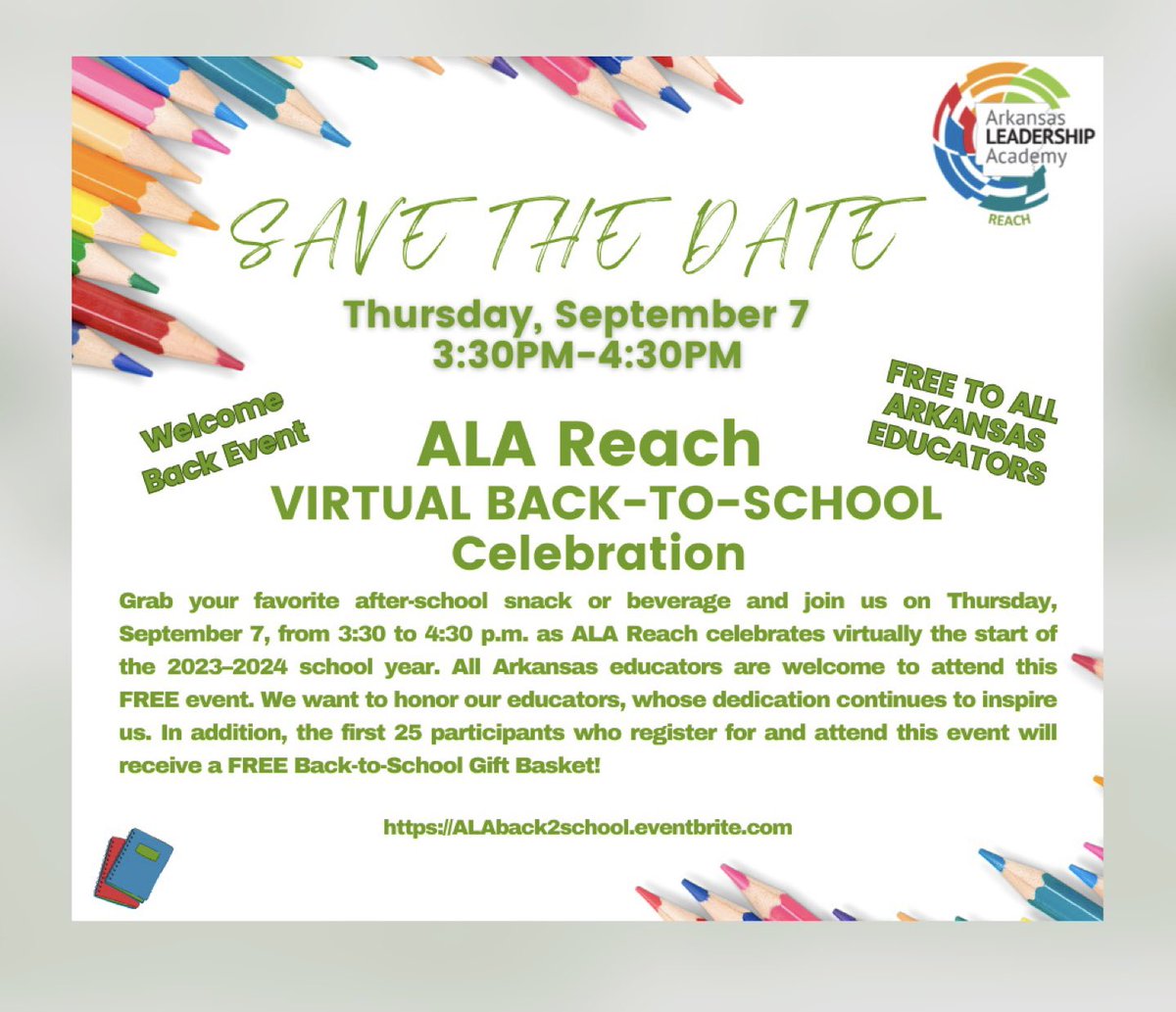 ALA will host a Virtual Celebration on 9/7/23 for Arkansas Educators whose dedication inspires us! The first 25 people to register and attend will get a free back-to-school gift box to help with their professional learning this year! 
Register Today: ALAback2school.eventbrite.com