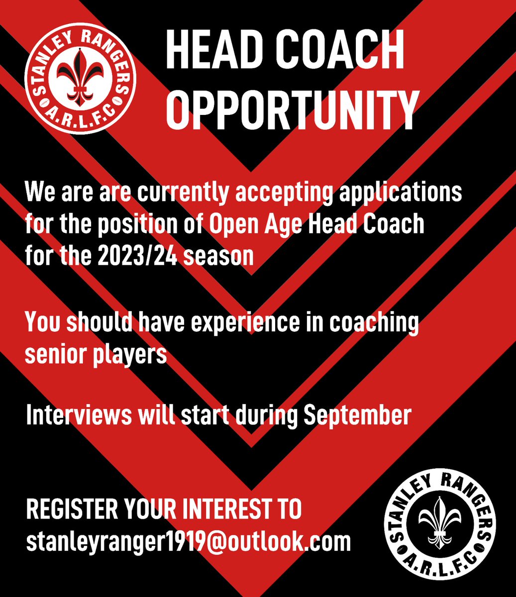 PLEASE RETWEET!

Interview process starts next week. Get in touch if you fancy taking on the role! #rugby #rugbyleague #yml #stanleyrangers
