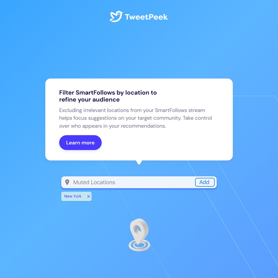 paystorm_ai's tweet photo. Our latest TweetPeek’s Playbook tackles using location muting to filter SmartFollows suggestions! 📍

What locations do you mute or focus on to engage your ideal community? Let us know!

#TheTweetPeekWay https://t.co/2hGX0m2kM8