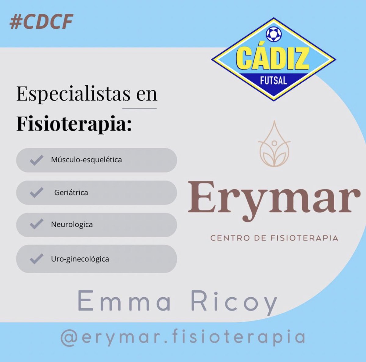 cadiz_futsal's tweet photo. ACUERDO DE COLABORACIÓN 🫶🏻

Nos complace anunciar que se ha llegado a un acuerdo con la empresa gaditana Erymar Fisioterapia 

Pensando en el cuidado de nuestr@s jugador@s y en el de sus familiares y dentro de nuestro área de salud, nos reforzamos con esta nueva colaboración https://t.co/wvXPoX7EJk