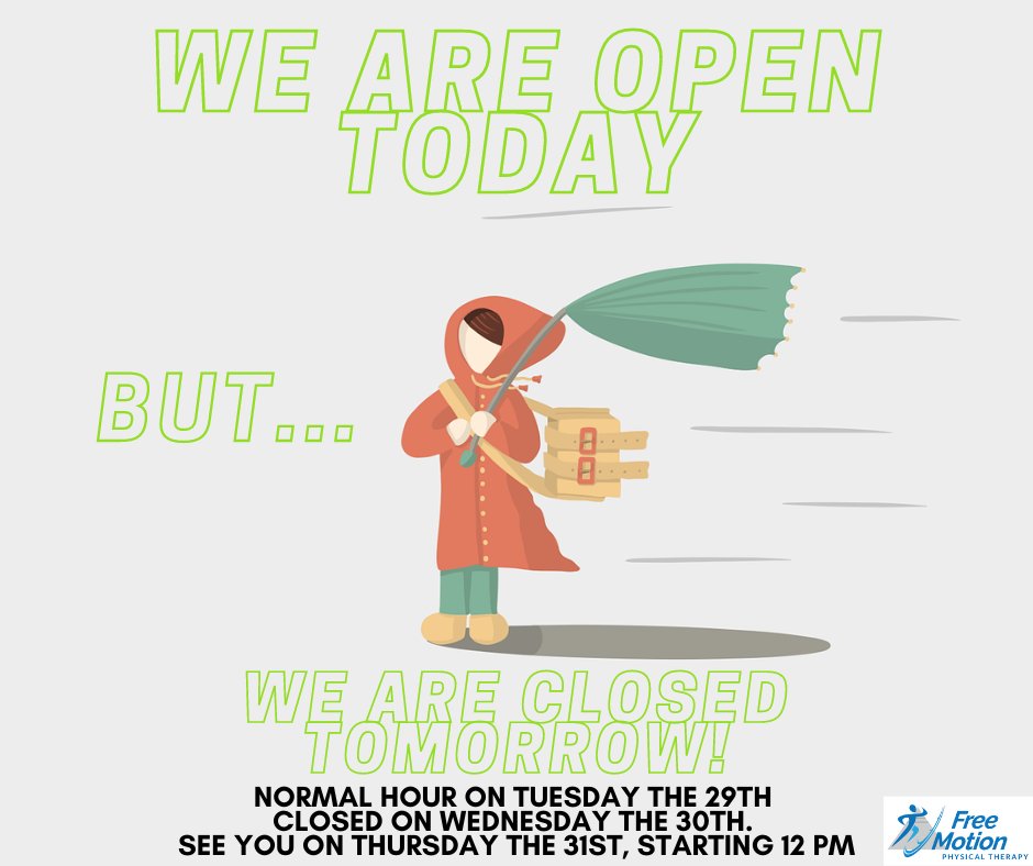 FreeMotionFLPT's tweet photo. Hey guys! We are OPEN today, but we'll be closed tomorrow, 8/30/23 and we'll be back on Thursday at 12, normal hours. See you at the clinic! https://t.co/B48R8B9osw