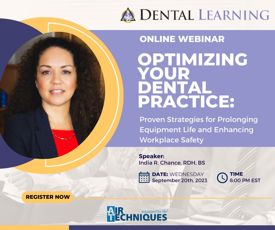 DentalLearning's tweet photo. Join us and guest speaker India R. Chance, RDH, BS, of Air Techniques, for a virtual webinar on WEDNESDAY, September 20. To register click here: https://t.co/OnsEL0HUaN
#Dental #DentalProfessionals #Webinars #Webcast #LiveCE https://t.co/WdL1QPWBlz